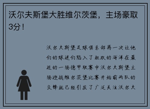 沃尔夫斯堡大胜维尔茨堡,主场豪取3分!